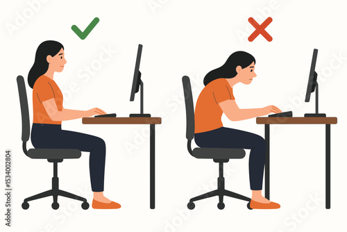 Proper and improper sitting posture comparison. Woman at office desk with computer. Ergonomic correct versus incorrect position for spine health. Bad posture causing back pain. Vector.