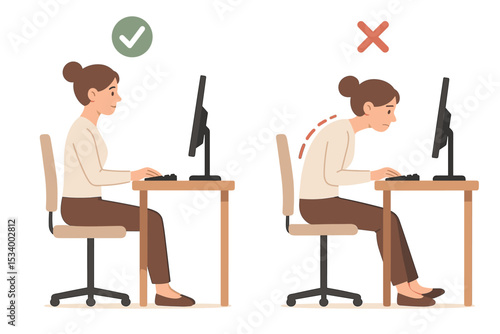 Good and bad posture when sitting at a computer. Woman demonstrating correct vs incorrect spine alignment. Office ergonomics for health. Back pain prevention, hunchback concept.