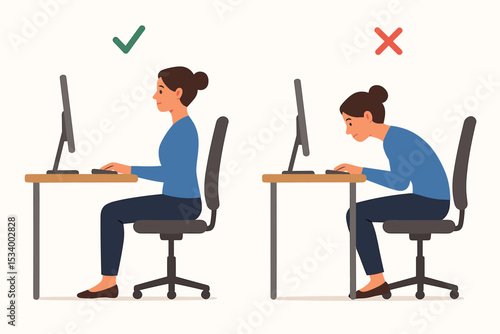 Proper vs improper sitting posture. Ergonomics guide showing correct and incorrect positions for a woman working at a computer. Good spine health and back pain prevention concept.