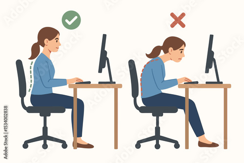 Proper vs improper sitting posture. Woman at computer desk showing correct and incorrect position for spine health. Ergonomic guide to prevent back pain and office syndrome.
