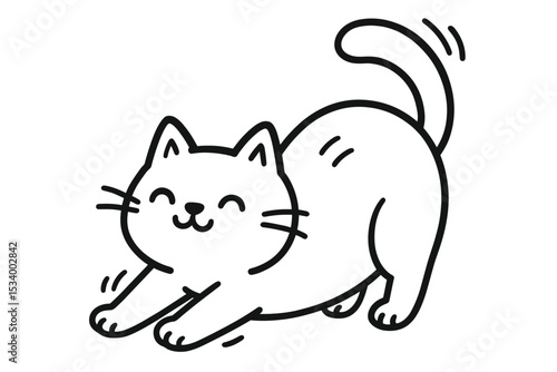 Funny cat stretching in a cute yoga pose. Happy smiling kawaii kitten character doodle. Minimalist line art illustration for pet lovers. Simple black and white animal mascot vector.