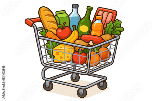 Cartoon shopping cart full of fresh groceries. Supermarket trolley with healthy food products. Vector illustration of fruit, vegetables, bread, milk, and meat. Retail consumerism.