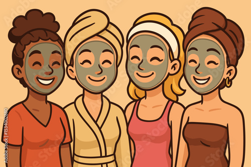Friends spa day. Diverse women with clay face mask. Self care routine. Multiethnic group enjoying beauty treatment. Pampering, wellness, skincare, friendship concept illustration.