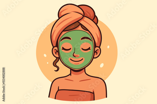 Woman with green clay facial mask and towel on head. Skincare routine and spa beauty treatment concept. Self-care, pampering, and relaxation at home. Vector cartoon character illustration.