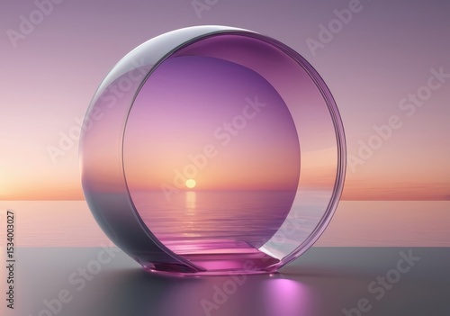 A futuristic transparent sphere reflecting a sunset over the ocean, creating a portal illusion. Concept of dreams and the future.