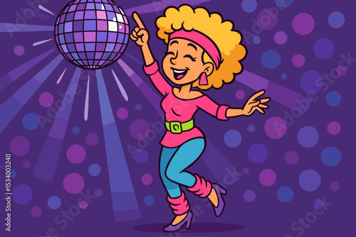 Cartoon woman in 80s fashion dancing under a disco ball. Retro disco party illustration. Funky character with afro hair and leg warmers. Nostalgic nightclub vector graphic.