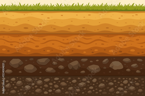 Soil layers cross section. Underground ground slice with grass, humus, clay, sand, stones and rock. Geological earth strata vector illustration. Seamless pattern or background.