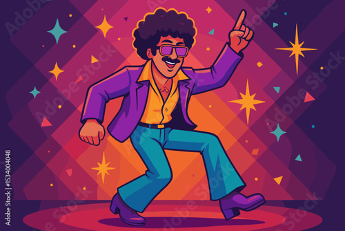 Man dancing disco music at a 70s or 80s retro party. Groovy cartoon character with afro, mustache and sunglasses. Funky nightclub concept vector illustration for a poster design.
