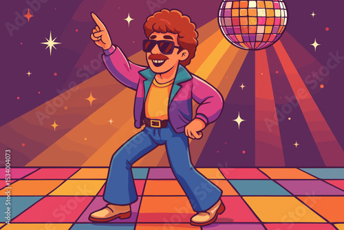 Groovy 70s disco dancer character. Retro man with afro and mustache dancing on a colorful dance floor under a disco ball. Funky 80s nightclub party vector illustration.