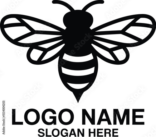A black and white logo featuring a stylized bee with wings and body stripes above placeholder text