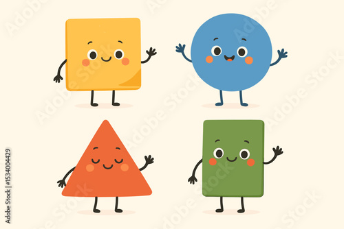Cute geometric shape characters set. Cartoon mascot collection with square, circle, triangle and rectangle. Happy smiling figures for kids education. Playful basic forms vector.