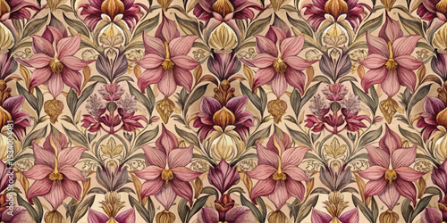 Ornate floral wallpaper design featuring pink and purple flowers.