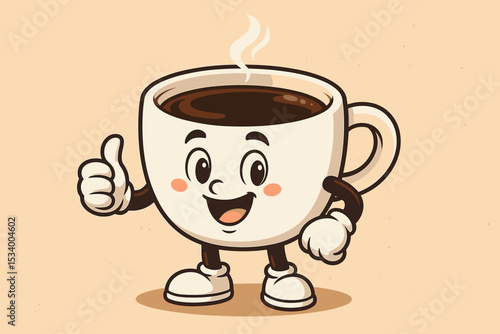 Happy coffee mug mascot with a smiling face showing a thumbs up gesture. Cute retro cartoon character for a coffee shop or cafe brand. Steaming hot beverage vector illustration.