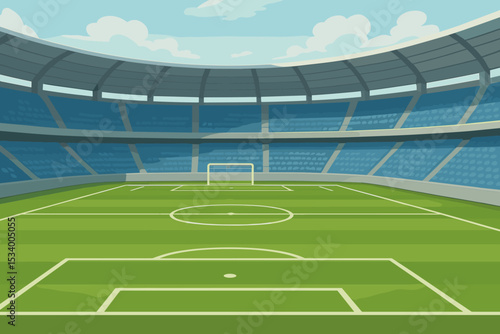 Cartoon football stadium background. Empty soccer arena with green field, goal, and grandstand. Professional sport competition, tournament or championship concept. Vector illustration.