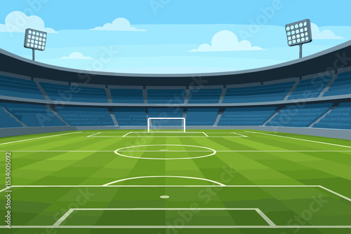 Empty soccer stadium background. Football field with green grass, goal post, and blue tribunes. Sports arena with floodlights for championship game. Cartoon vector illustration.