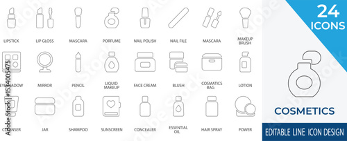Elegant line icons representing essential cosmetics and makeup tools. Perfect for beauty apps, salon branding, and skincare product visuals.