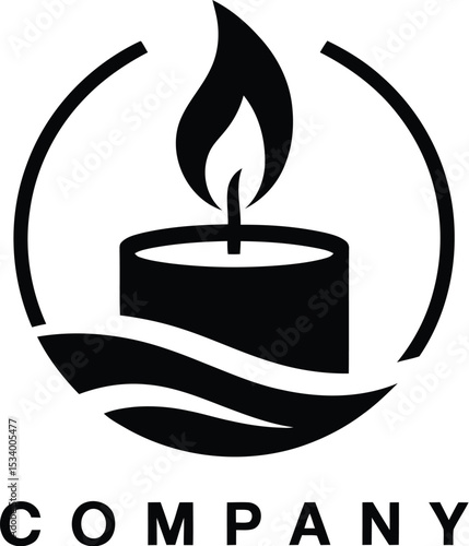 A black and white logo featuring a candle with a flame inside a circle with a wave at the bottom