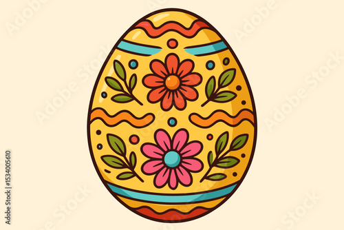 Ornate Easter egg vector illustration with floral pattern. Decorated egg for spring holiday celebration. Traditional folk art design with flowers and leaves. Colorful festive graphic icon.