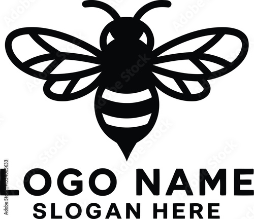 A stylized black bee with transparent wings above the words logo name and slogan here on white