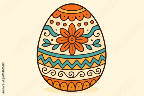 Vector illustration of a decorated Easter egg with a traditional folk art pattern. Ornate paschal egg with a floral ornament for the spring holiday celebration. Happy Easter concept.