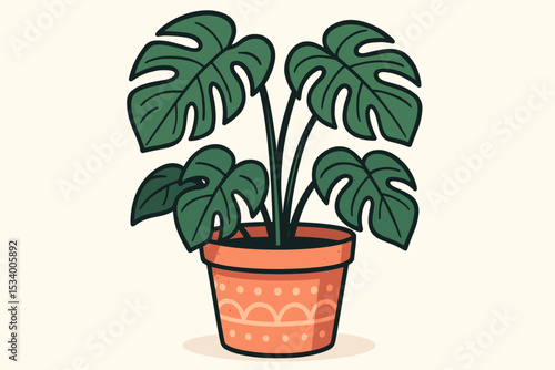 Monstera deliciosa plant illustration in a decorative terracotta pot. Trendy vector art of a Swiss cheese plant for home decor and urban jungle concepts. Botanical houseplant graphic.