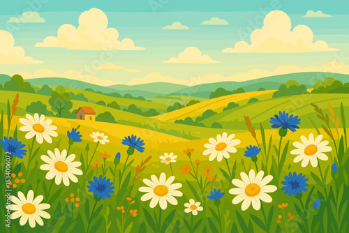 Summer rural landscape with wildflower meadow. Countryside scenery with daisies, cornflowers, and green hills. Farm house under a blue sky. Cartoon vector nature background.
