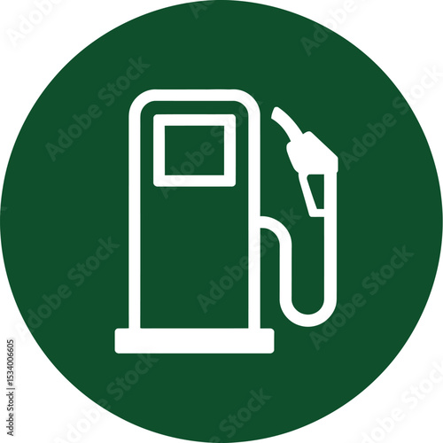 A white gas station icon inside a green circle on a white background in a simple and clean design style