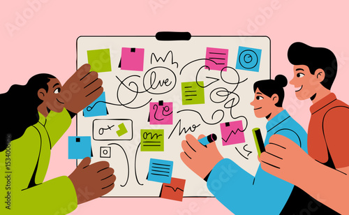 team of creative professionals brainstorming on whiteboard with sticky notes, vector illustration for collaborative session, co-working idea generation and project planning