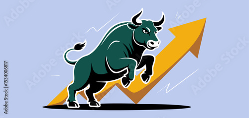 bull charging on upward golden arrow, vector illustration for bull market rally, stock market growth and financial investment success