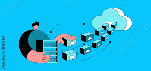it specialist moving server data blocks to cloud storage, vector illustration for cloud migration, data transfer process and digital infrastructure transformation