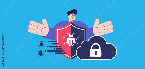it security professional with shield protecting cloud data from bugs, vector illustration for cloud security, network firewall protection and cybersecurity threat defense
