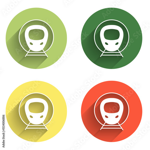 Set Train and railway icon isolated with long shadow background. Public transportation symbol. Subway train transport. Metro underground. Color circle button. Vector