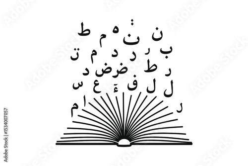 Elegant vector Arabic alphabet letters, open book design.