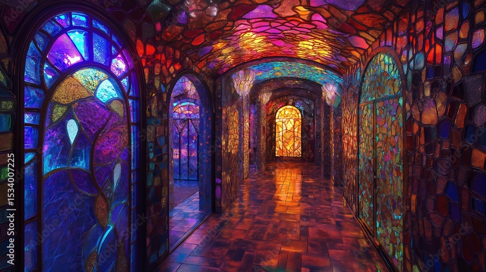 Obraz premium A large hall with arched windows reflecting vibrant pink, purple, and blue lights.