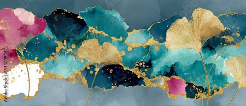 Elegant Ginkgo Leaves Watercolor Painting  Gold Texture  Teal  Abstract Art  Home Decor