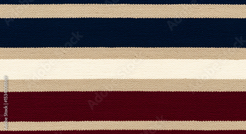 Striped textured fabric in blue burgundy cream and tan color scheme, stripes, fabric, texture, textile, pattern, background, design, material, cotton, linen, close up, horizontal, navy, blue, burgundy
