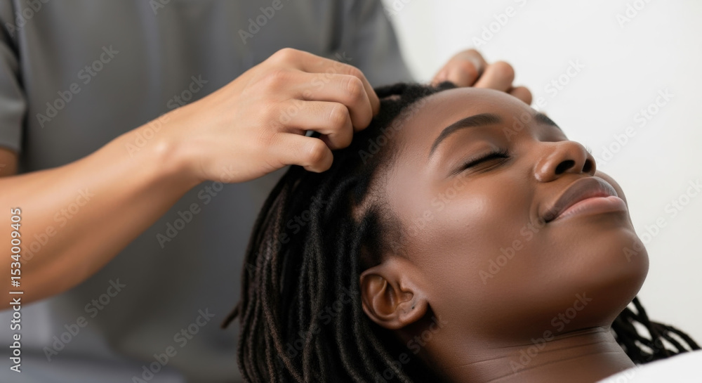 Fototapeta premium Serene Black woman with dreadlocks relaxing with eyes closed during a head massage. Professional scalp treatment at a wellness spa. Hair care, self-care, stress relief concept.