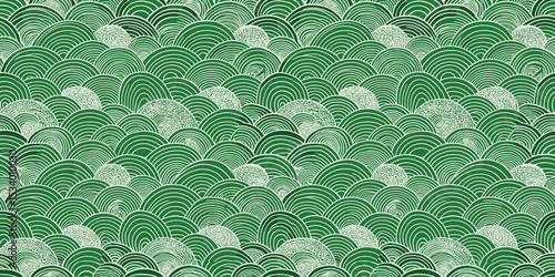 Intricate green wave pattern design full of flowing curves and rhythmic lines.