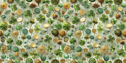 Vibrant assortment of green plants and natural elements on a textured background.
