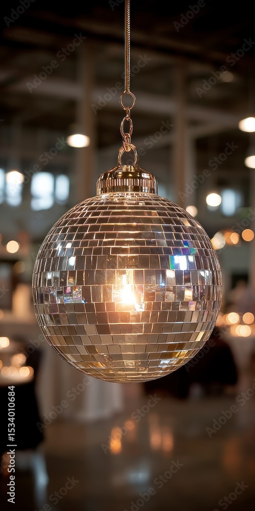 Fototapeta premium Sparkling Disco Ball Hanging Ornament Party Decor Festive Lighting Mirrored Sphere