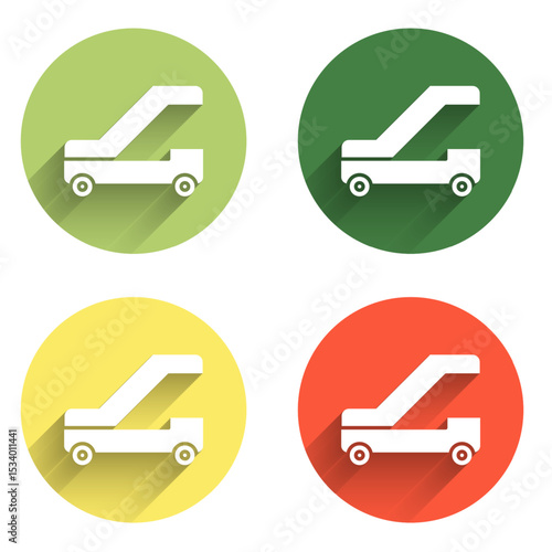 Set Passenger ladder for plane boarding icon isolated with long shadow background. Airport stair travel. Color circle button. Vector
