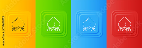 White Peach fruit or nectarine with leaf icon isolated on colorful background. Set icons in square buttons. Vector