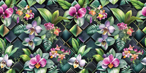 Vibrant floral pattern featuring luxurious orchids and lush green leaves.
