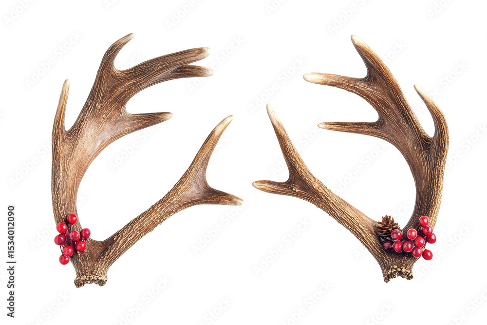 Fototapeta premium Reindeer antlers with decorative berries and pinecones isolated on a white background set in a festive winter theme