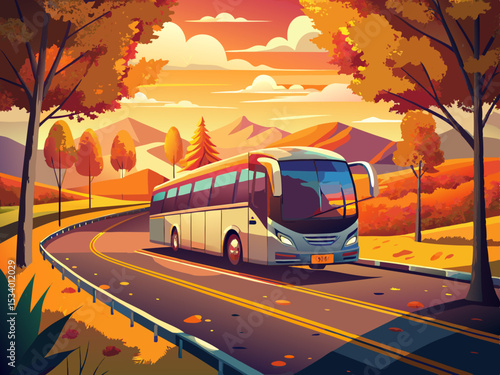 vector of A tourist bus drives on the highway at sunset. Modern intercity bus on the asphalt road, trees with orange leaves...