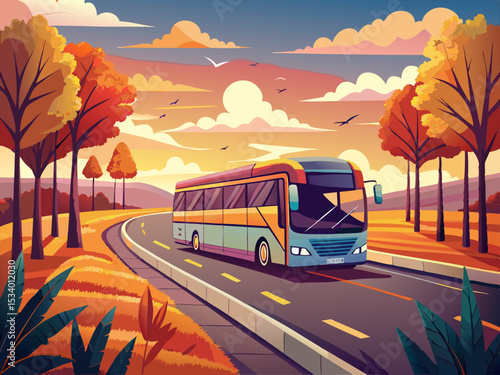 vector of A tourist bus drives on the highway at sunset. Modern intercity bus on the asphalt road, trees with orange leaves...