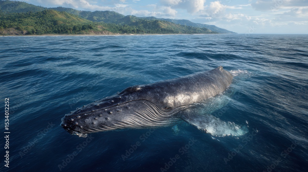 Fototapeta premium Humpback whale swimming near tropical coastline ocean view