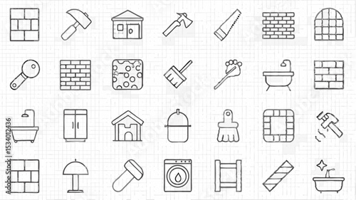 Outline drawing showing various construction and household related icons arranged in a grid pattern format