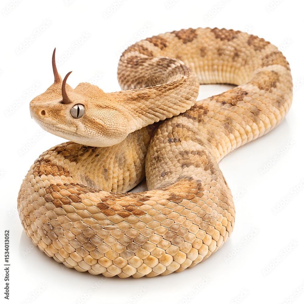 Obraz premium Desert Sand Viper – Coiled Saharan Horned Viper on Pure White Background