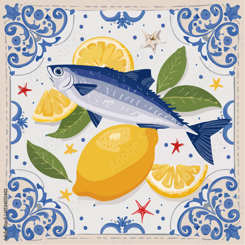 Charming illustration featuring a mackerel fish surrounded by lemons, leaves, and starfish on a decorative tile background with blue floral accents.